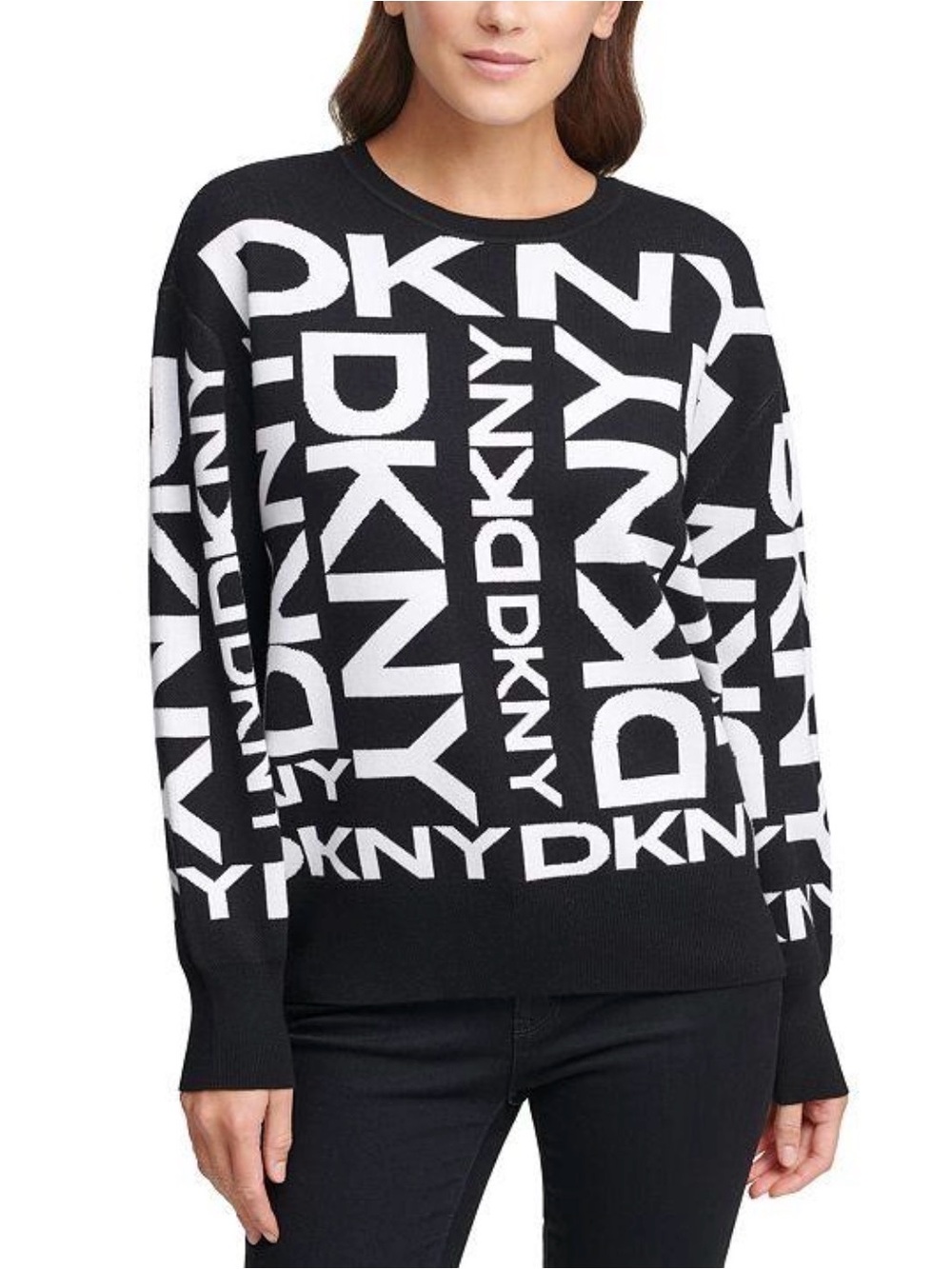 DKNY Women’s All Over Logo Graphic Crewneck Sweatshirt Black White Size M